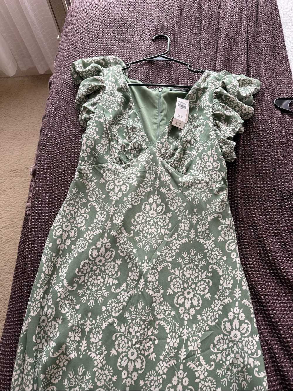 Abercrombie & Fitch Sage Green Floral Midi Dress with Ruffle Sleeves